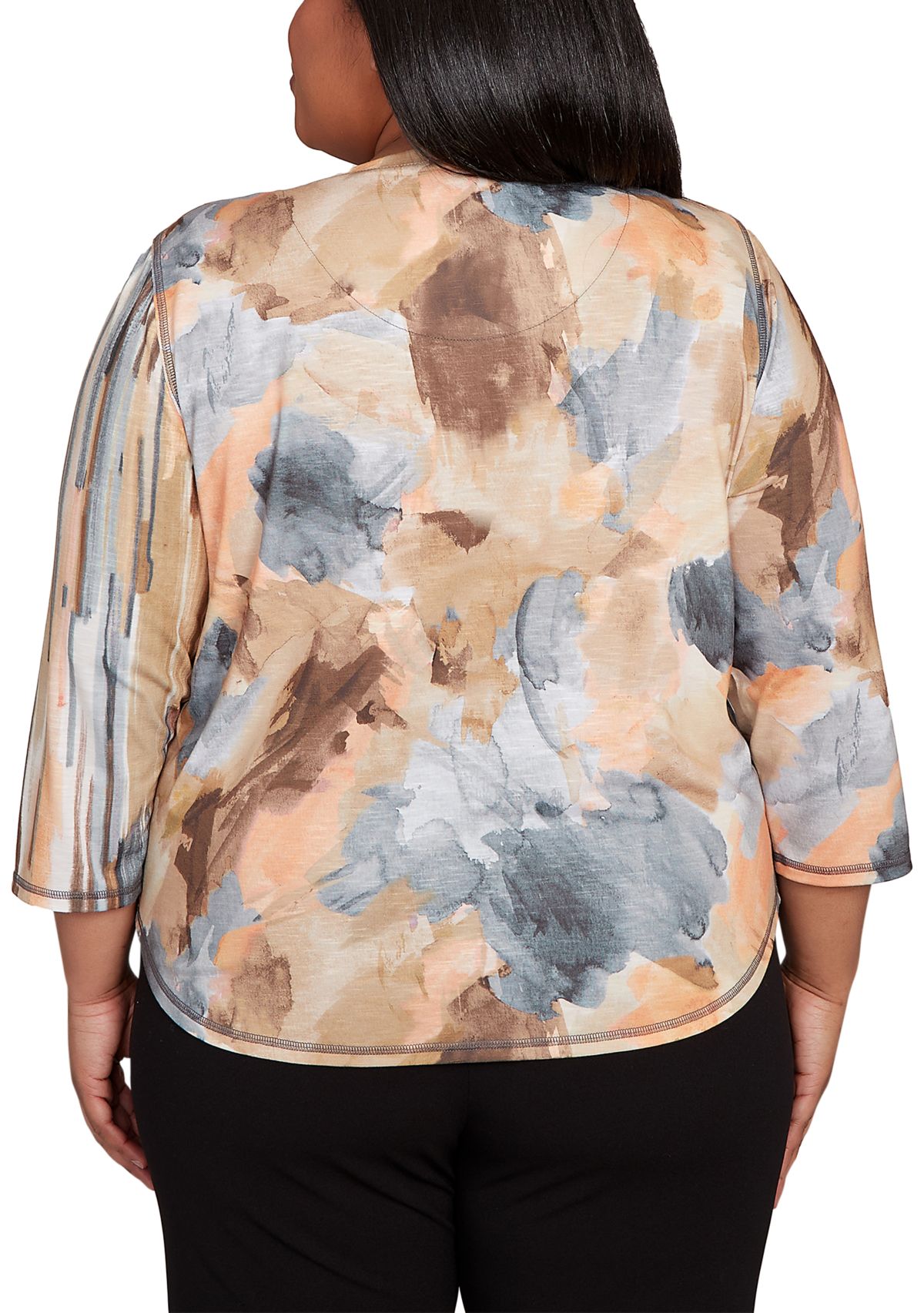Plus Size 3/4 Sleeve Spliced Printed Top 