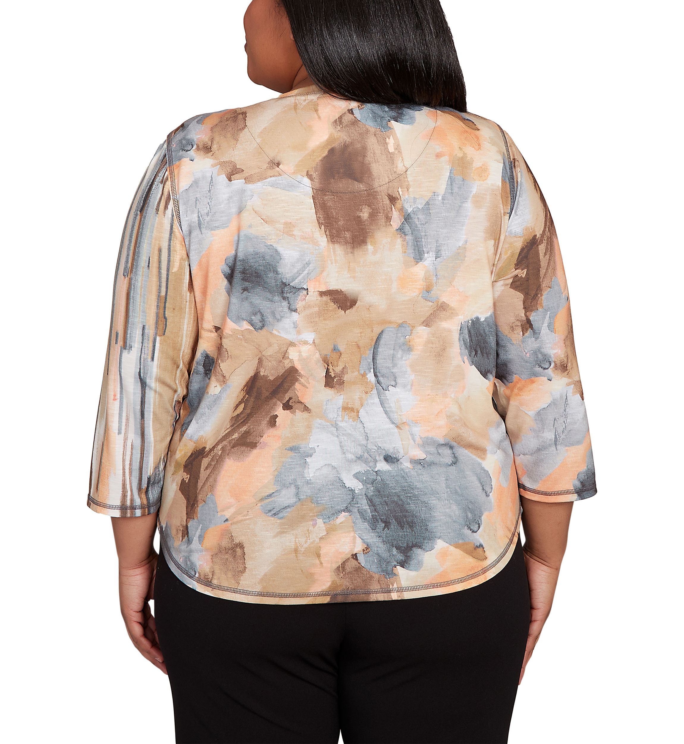 Plus Size 3/4 Sleeve Spliced Printed Top 