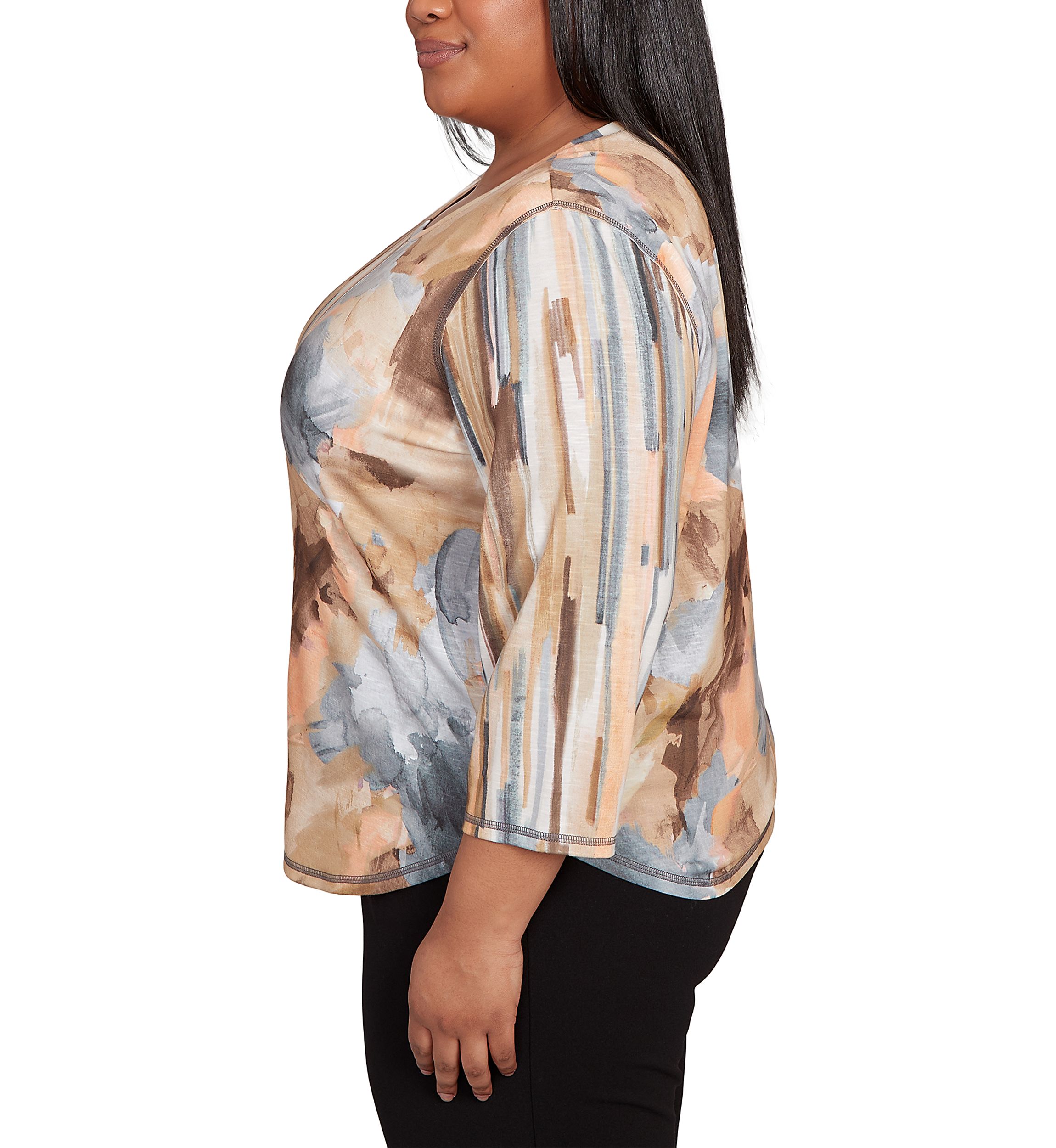Plus Size 3/4 Sleeve Spliced Printed Top 