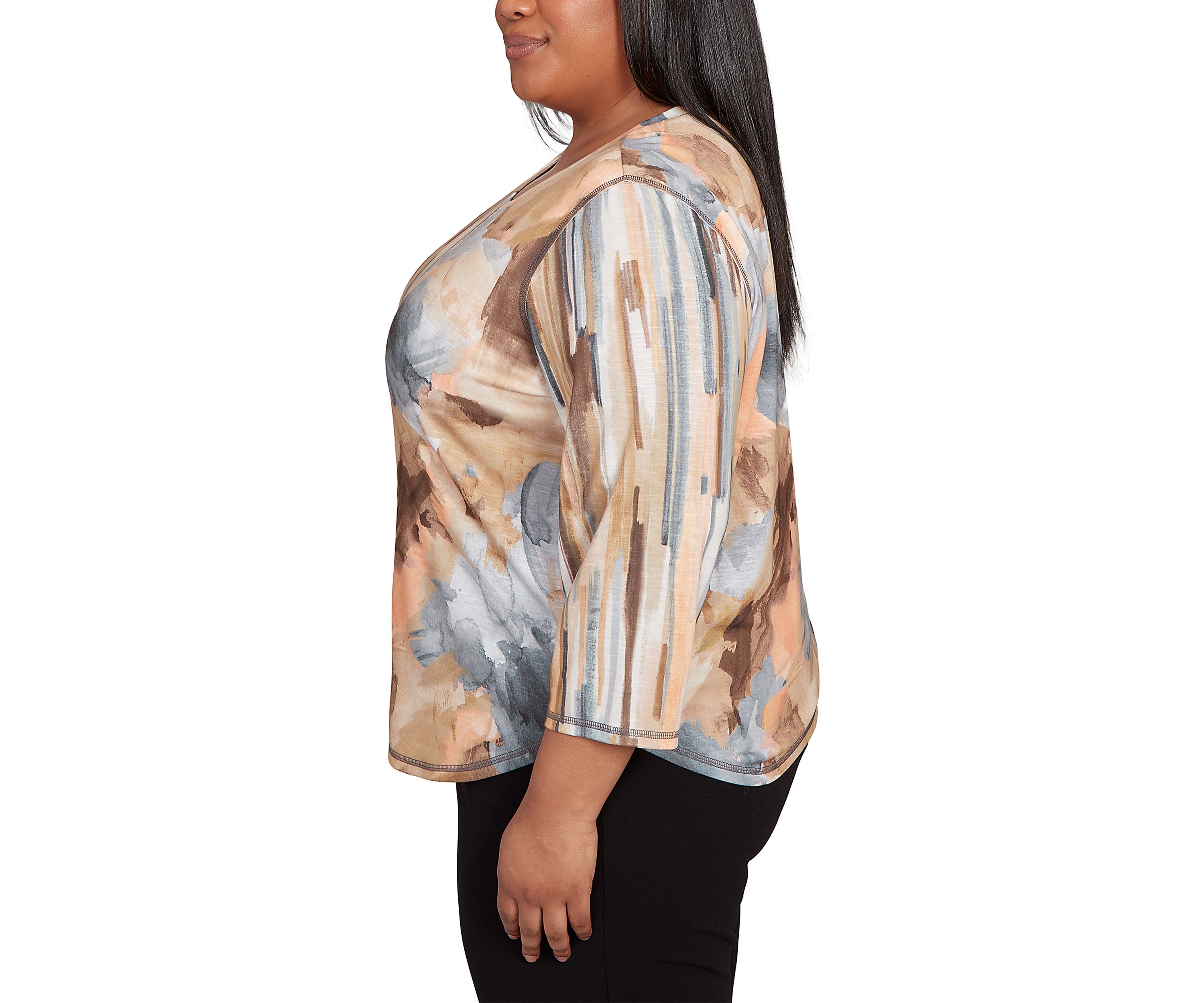 Plus Size 3/4 Sleeve Spliced Printed Top 