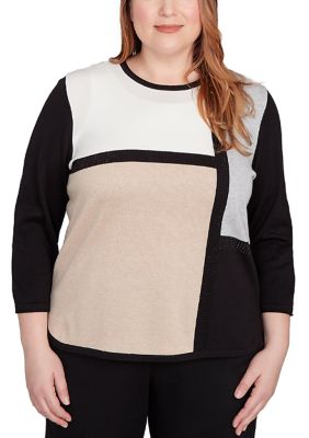Alfred Dunner Women's Plus Size Classic Colorblock Sweater, Black, 3X