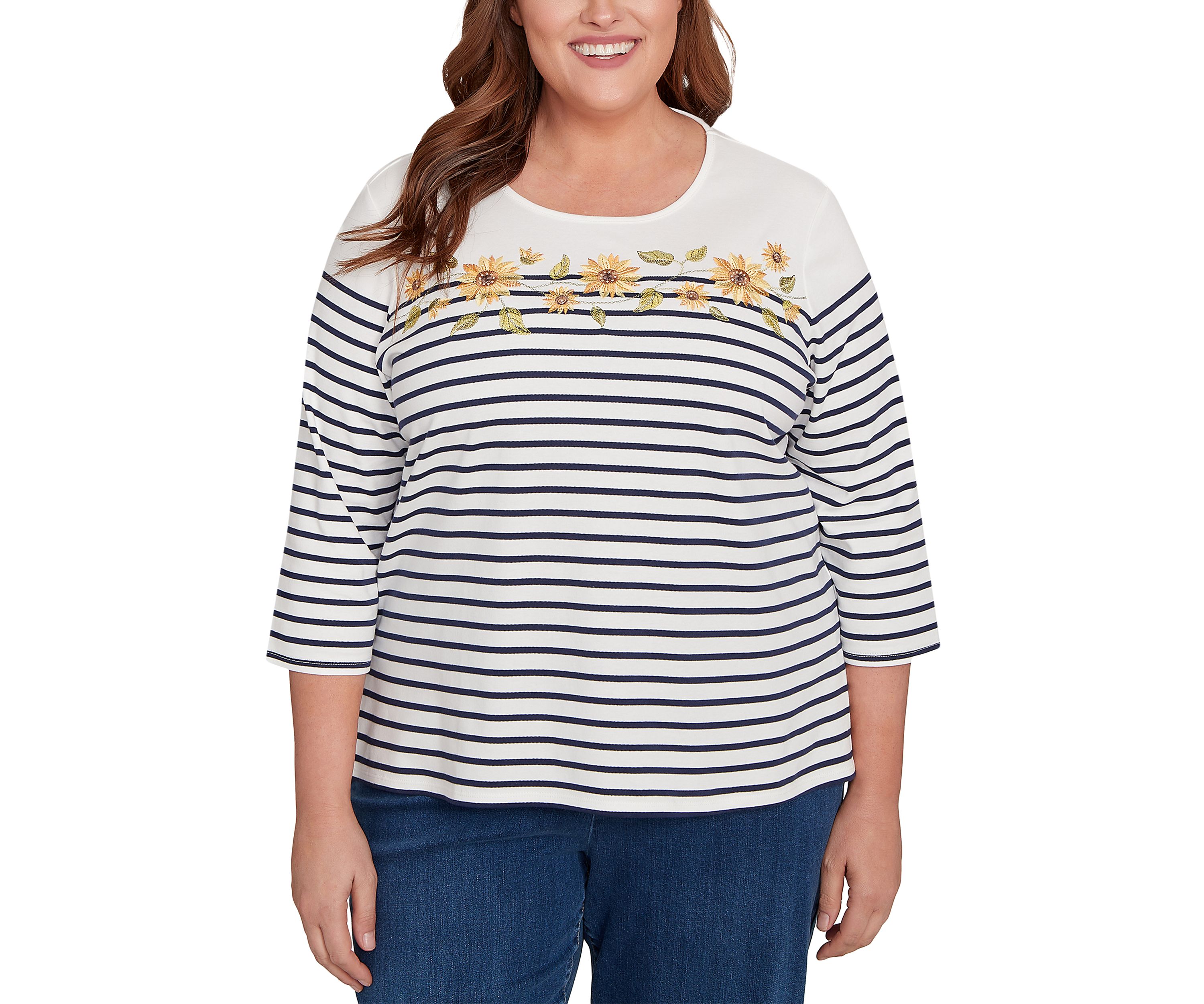Plus Size Classics Sunflowers Yoke Stripe Top