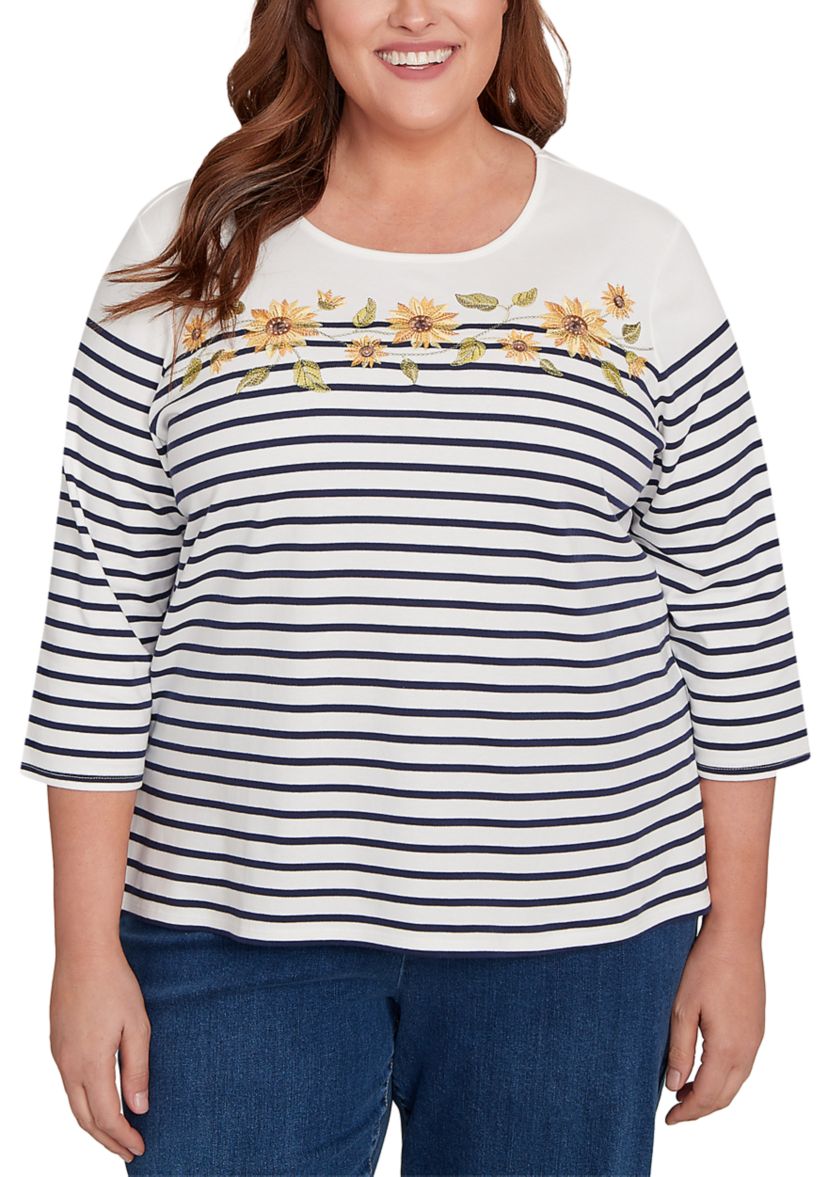 Plus Size Classics Sunflowers Yoke Stripe Top
