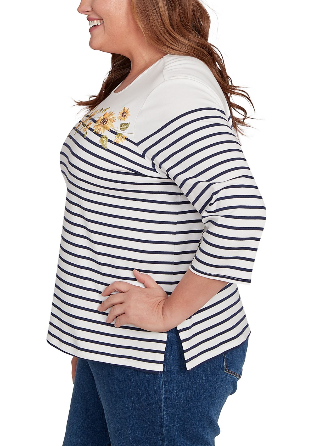 Plus Size Classics Sunflowers Yoke Stripe Top