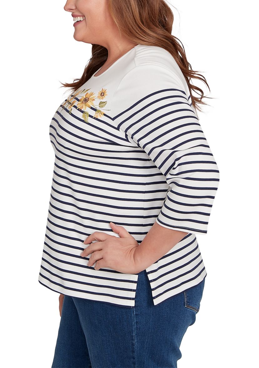 Plus Size Classics Sunflowers Yoke Stripe Top