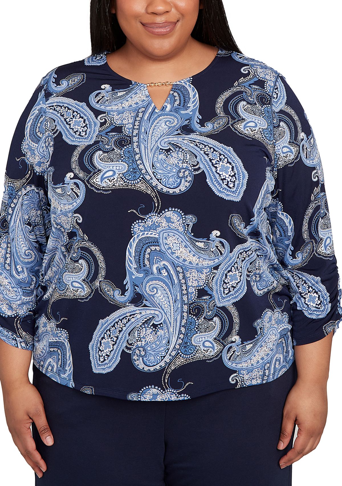 Plus Size 3/4 Sleeve Puff Paisley Print Top 