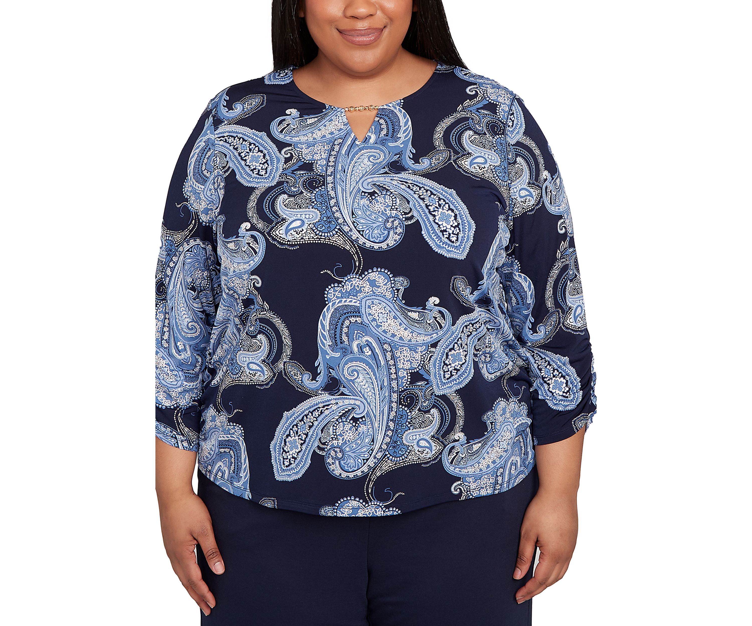 Plus Size 3/4 Sleeve Puff Paisley Print Top 