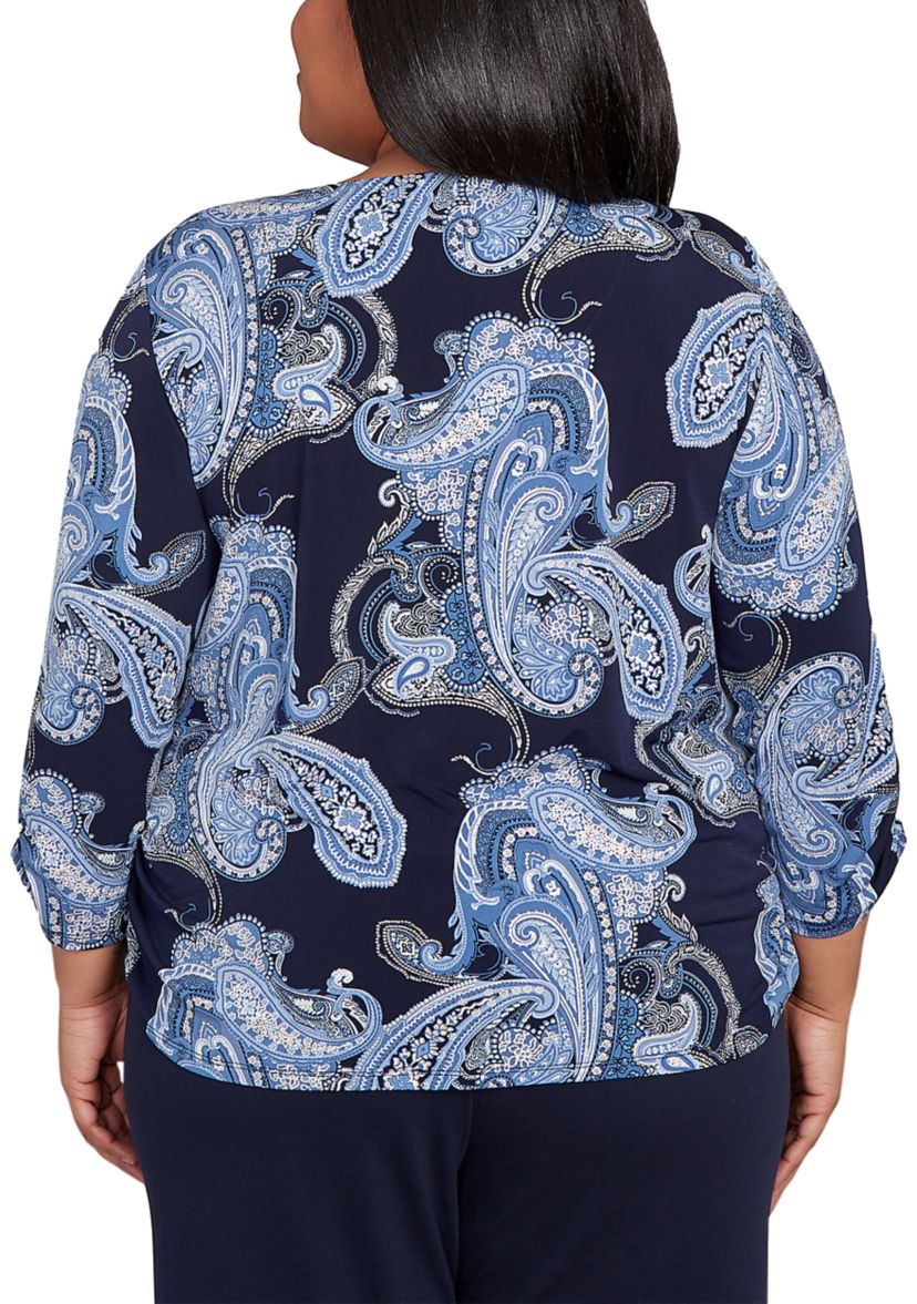 Plus Size 3/4 Sleeve Puff Paisley Print Top 