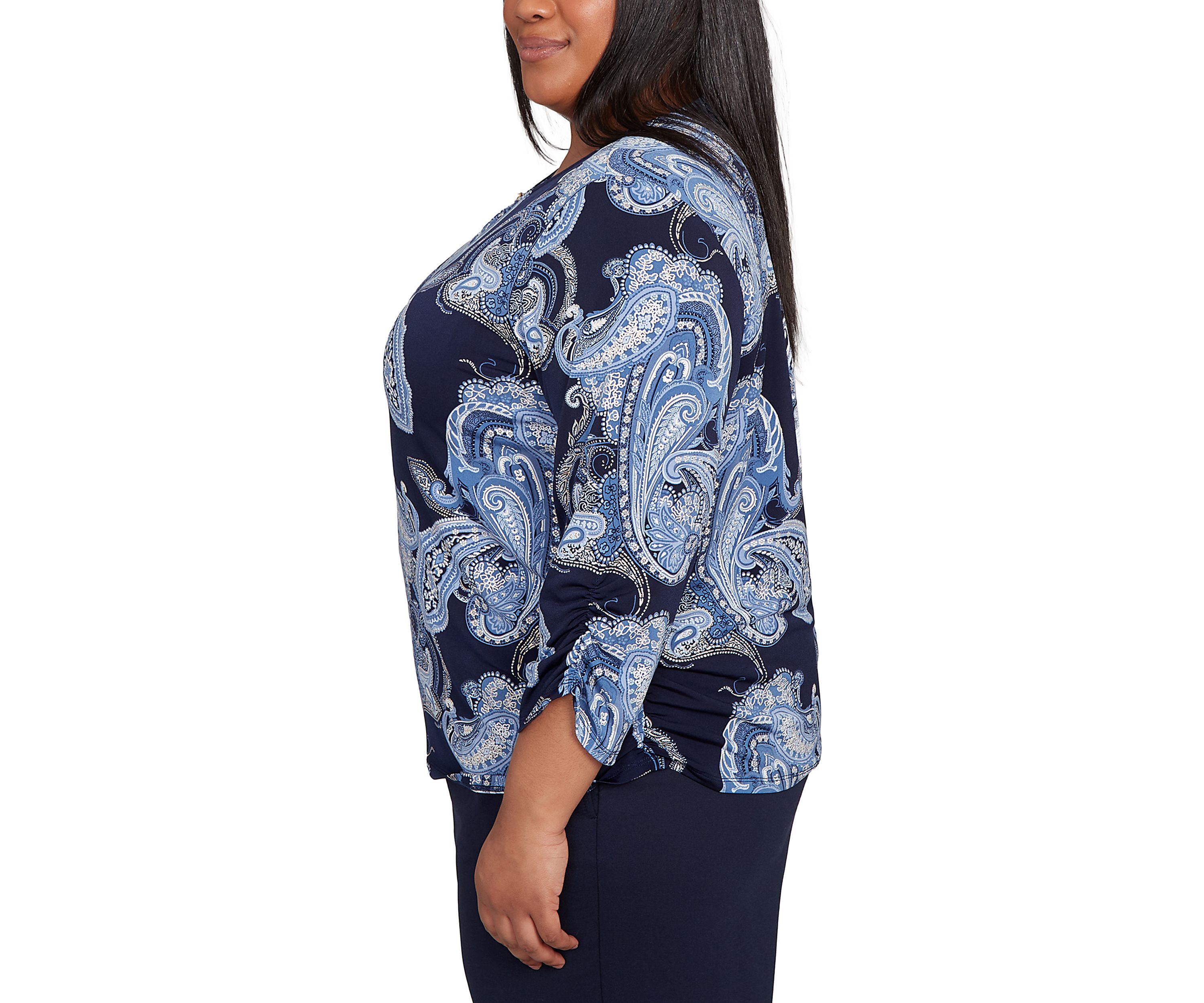 Plus Size 3/4 Sleeve Puff Paisley Print Top 