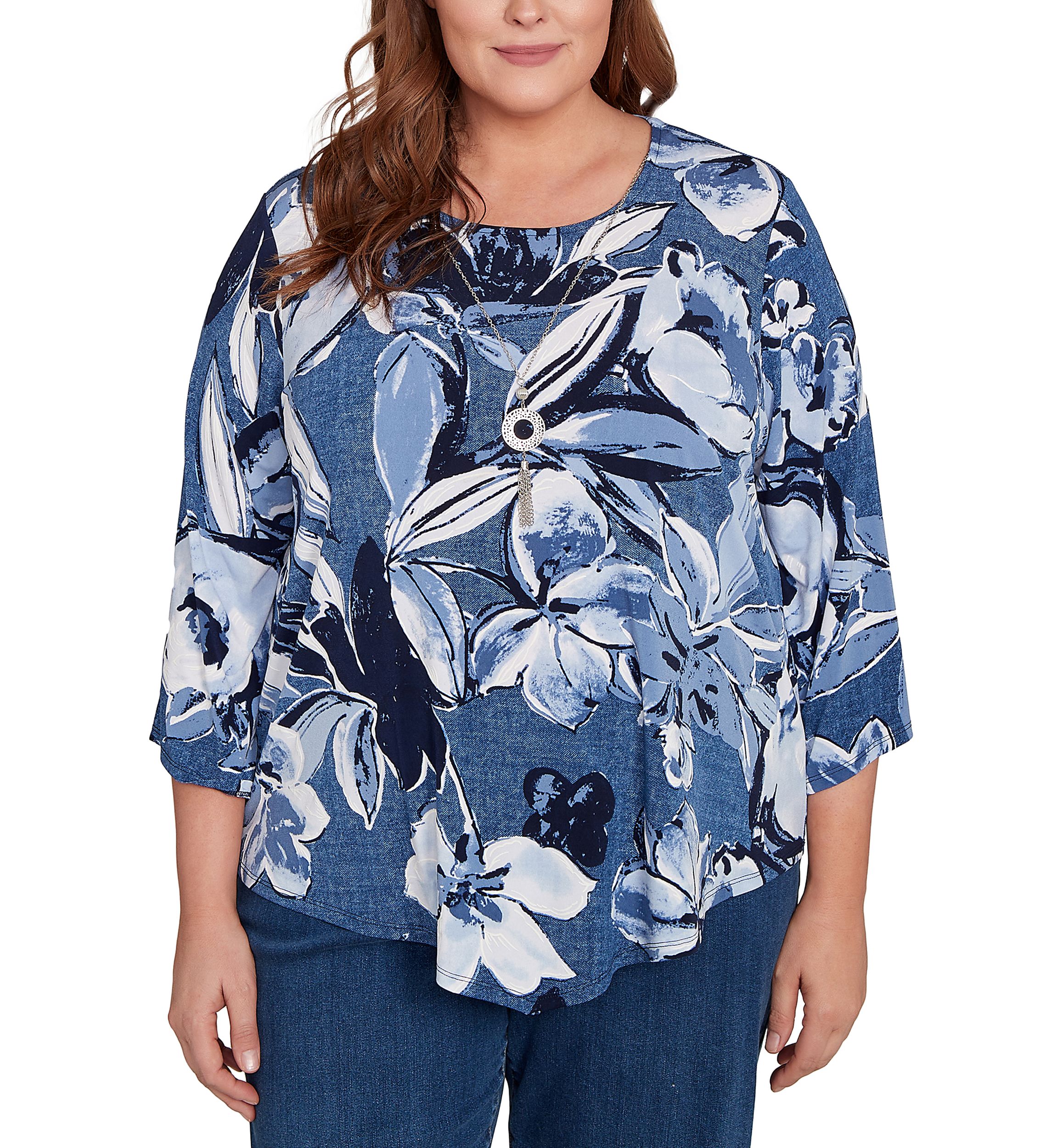 Plus Size 3/4 Sleeve Puff Denim Floral Print Top