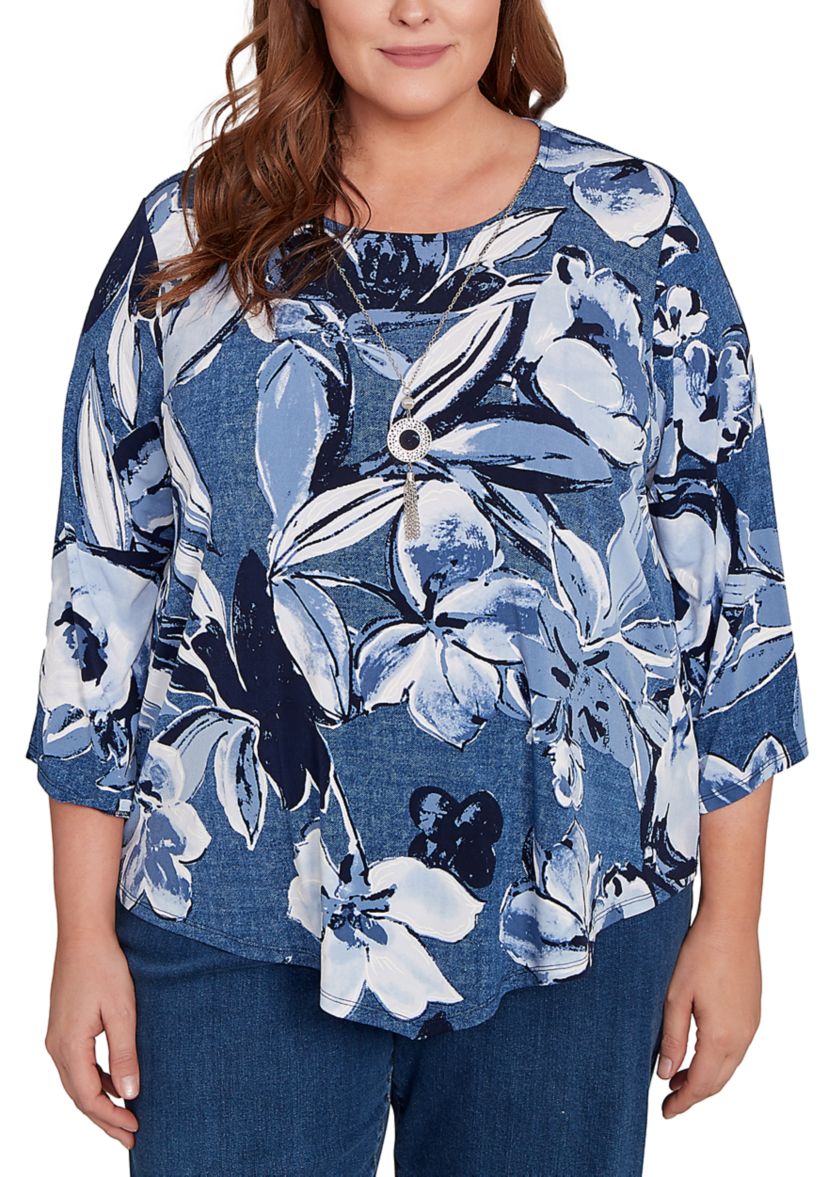 Plus Size 3/4 Sleeve Puff Denim Floral Print Top