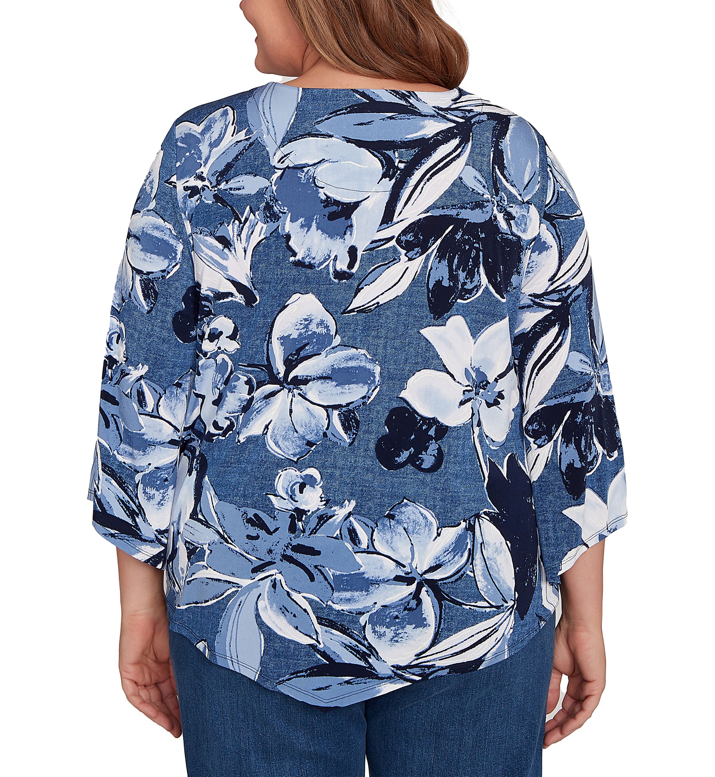 Plus Size 3/4 Sleeve Puff Denim Floral Print Top
