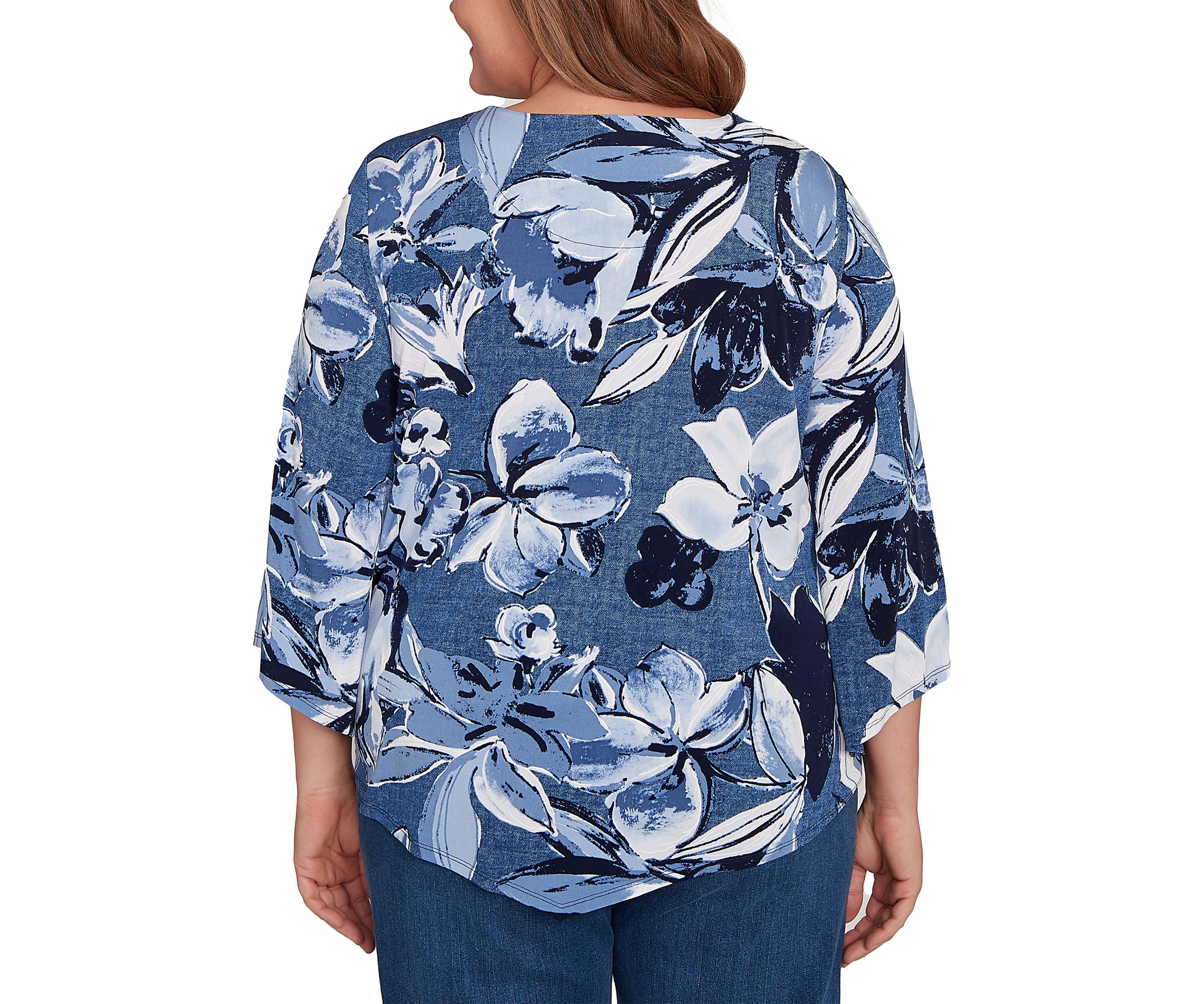 Plus Size 3/4 Sleeve Puff Denim Floral Print Top