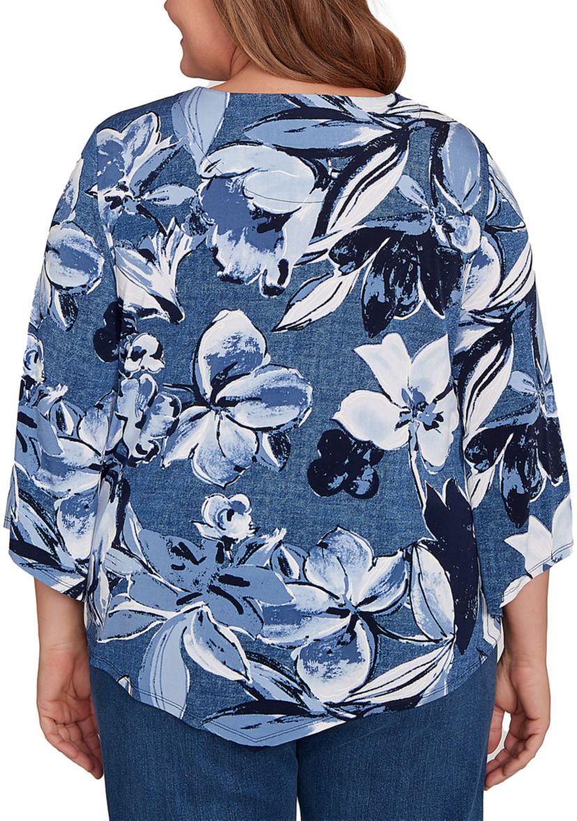 Plus Size 3/4 Sleeve Puff Denim Floral Print Top