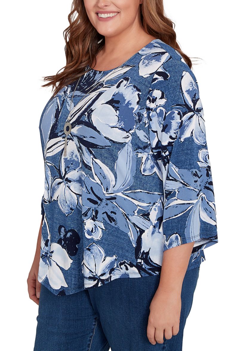 Plus Size 3/4 Sleeve Puff Denim Floral Print Top