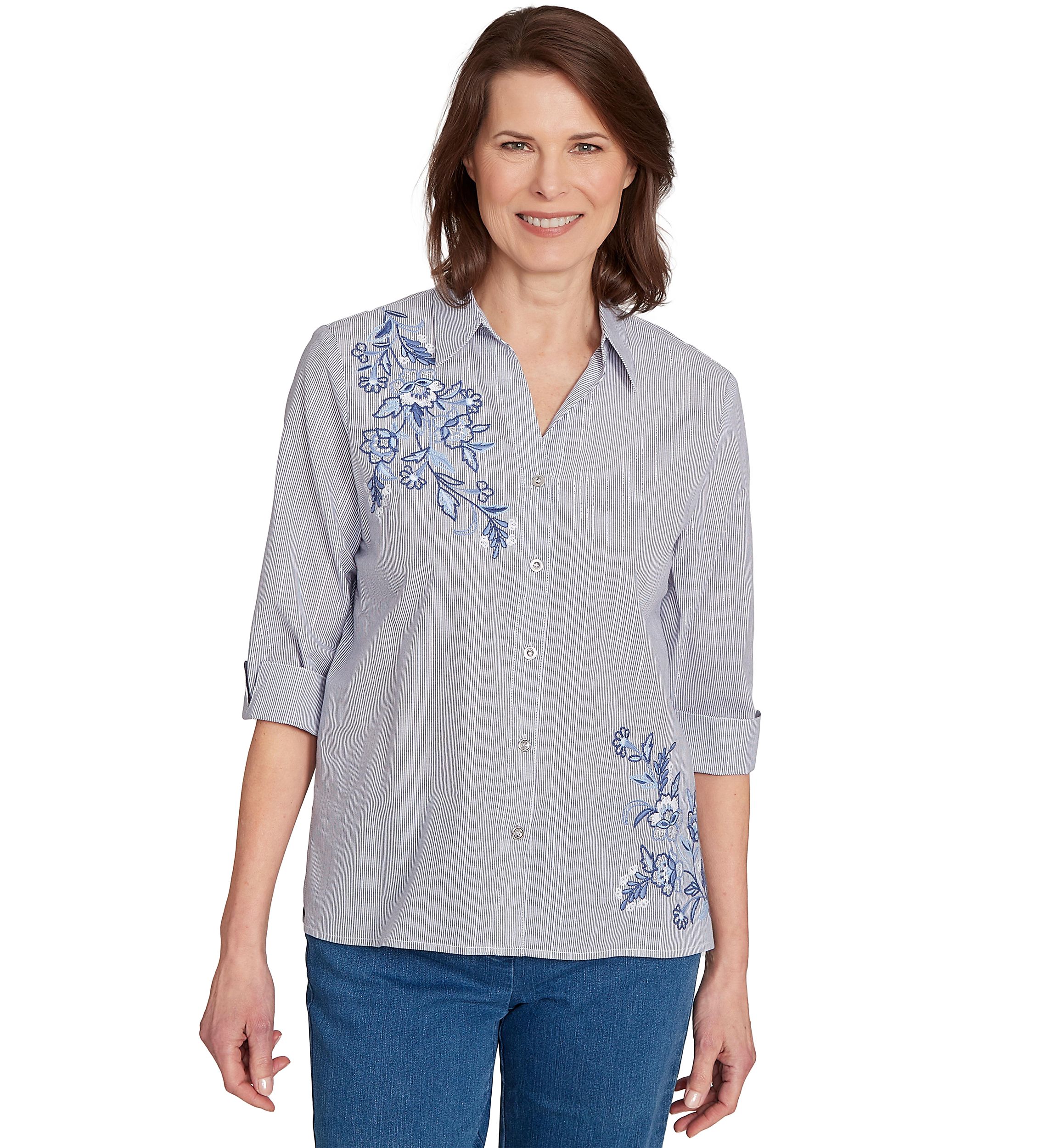 Petite Classics Metallic Stripe Top with Embroidery