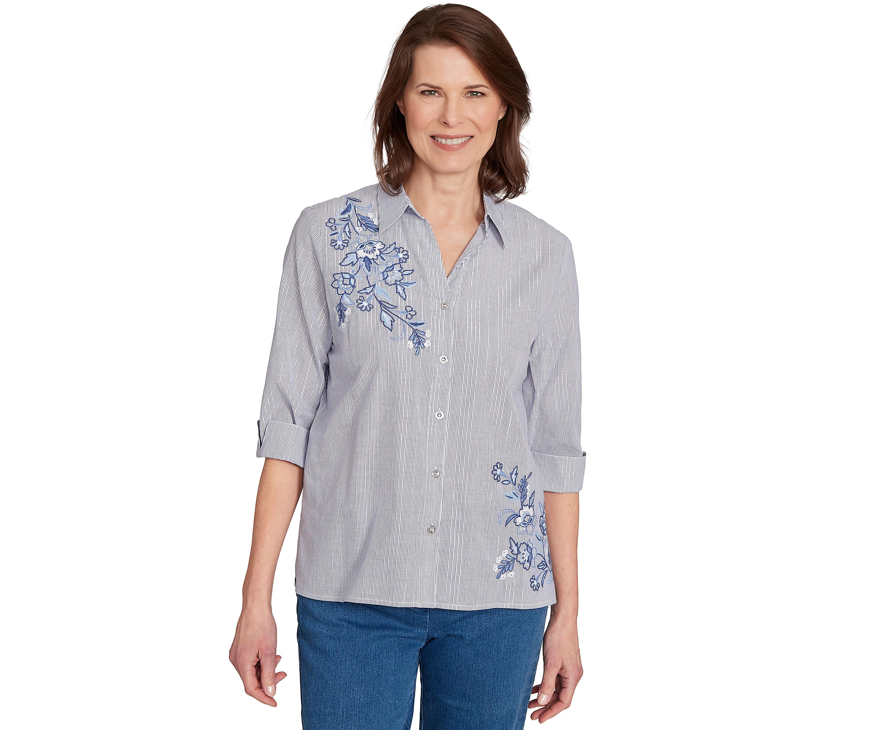 Petite Classics Metallic Stripe Top with Embroidery