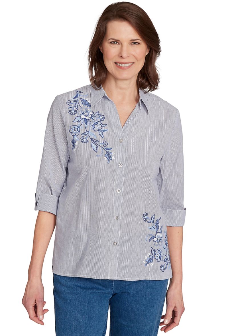 Petite Classics Metallic Stripe Top with Embroidery