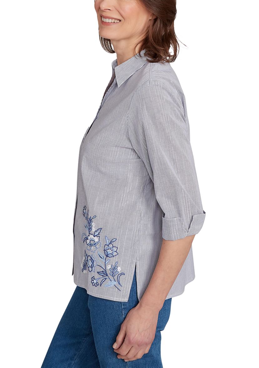 Petite Classics Metallic Stripe Top with Embroidery