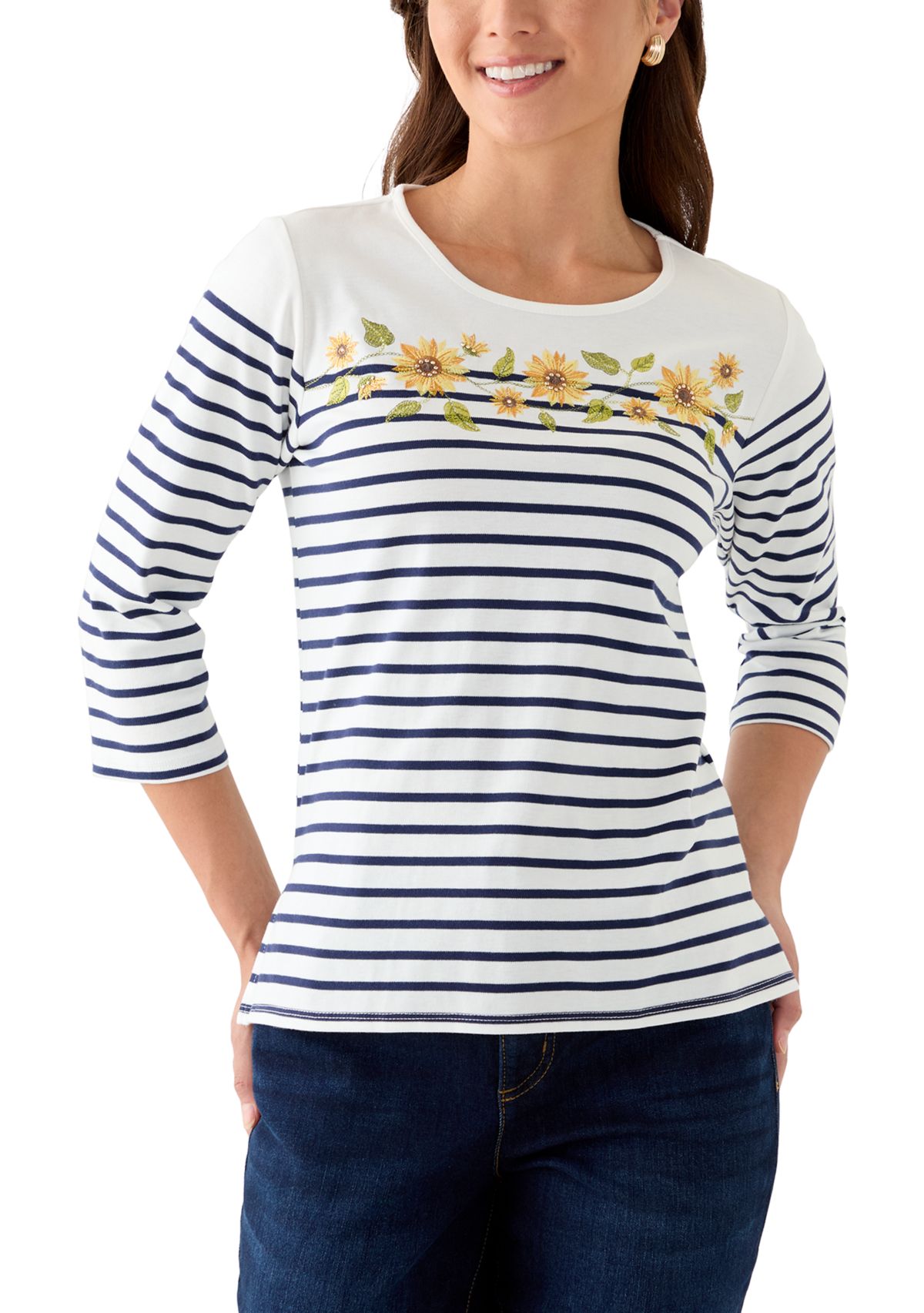 Petite 3/4 Sleeve Sunflower Yoke Strip Knit Top