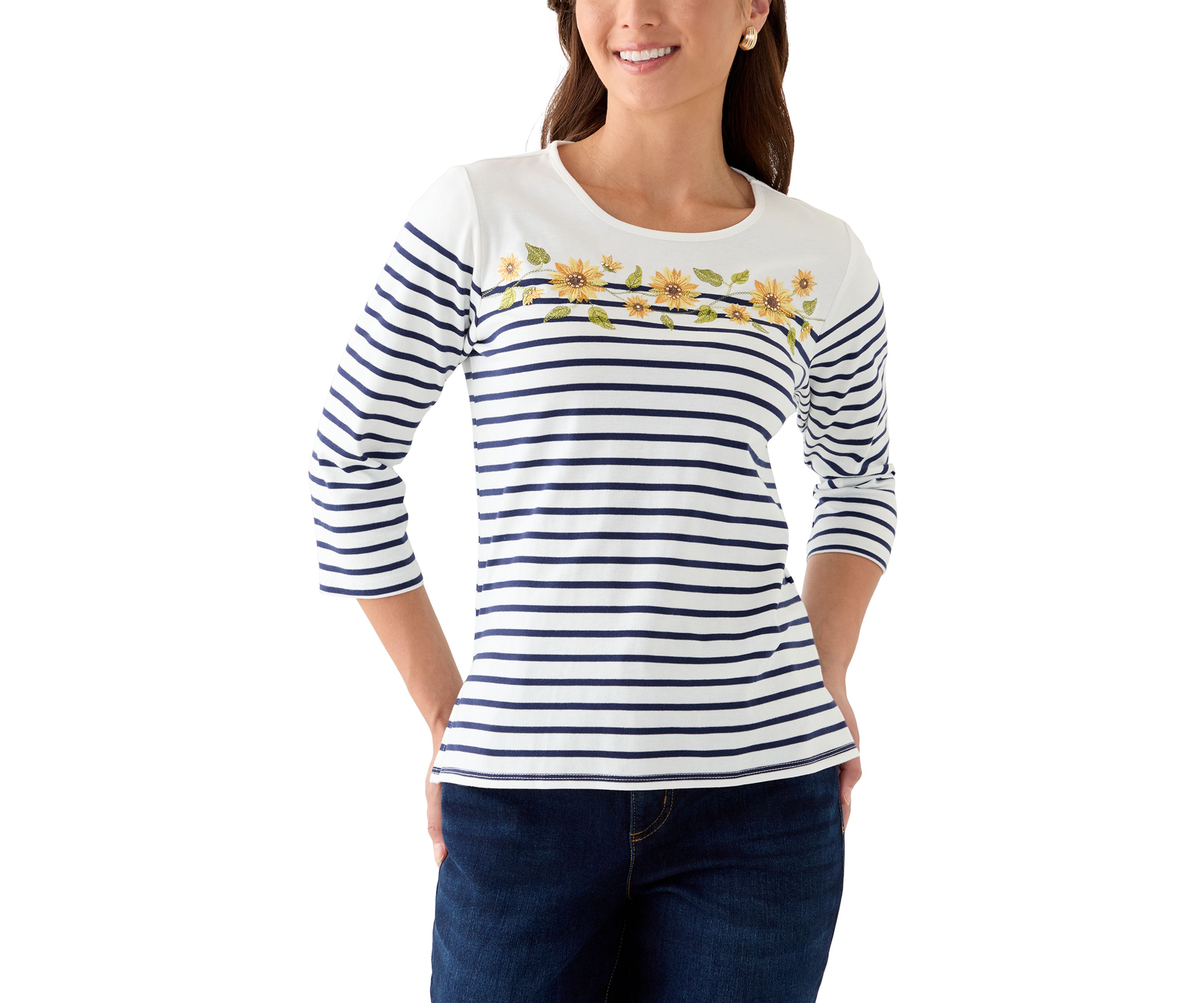 Petite 3/4 Sleeve Sunflower Yoke Strip Knit Top