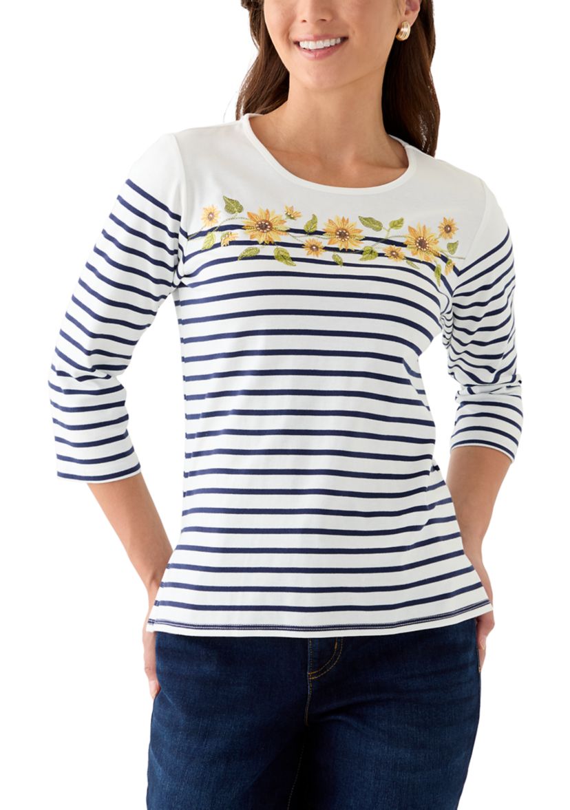 Petite 3/4 Sleeve Sunflower Yoke Strip Knit Top