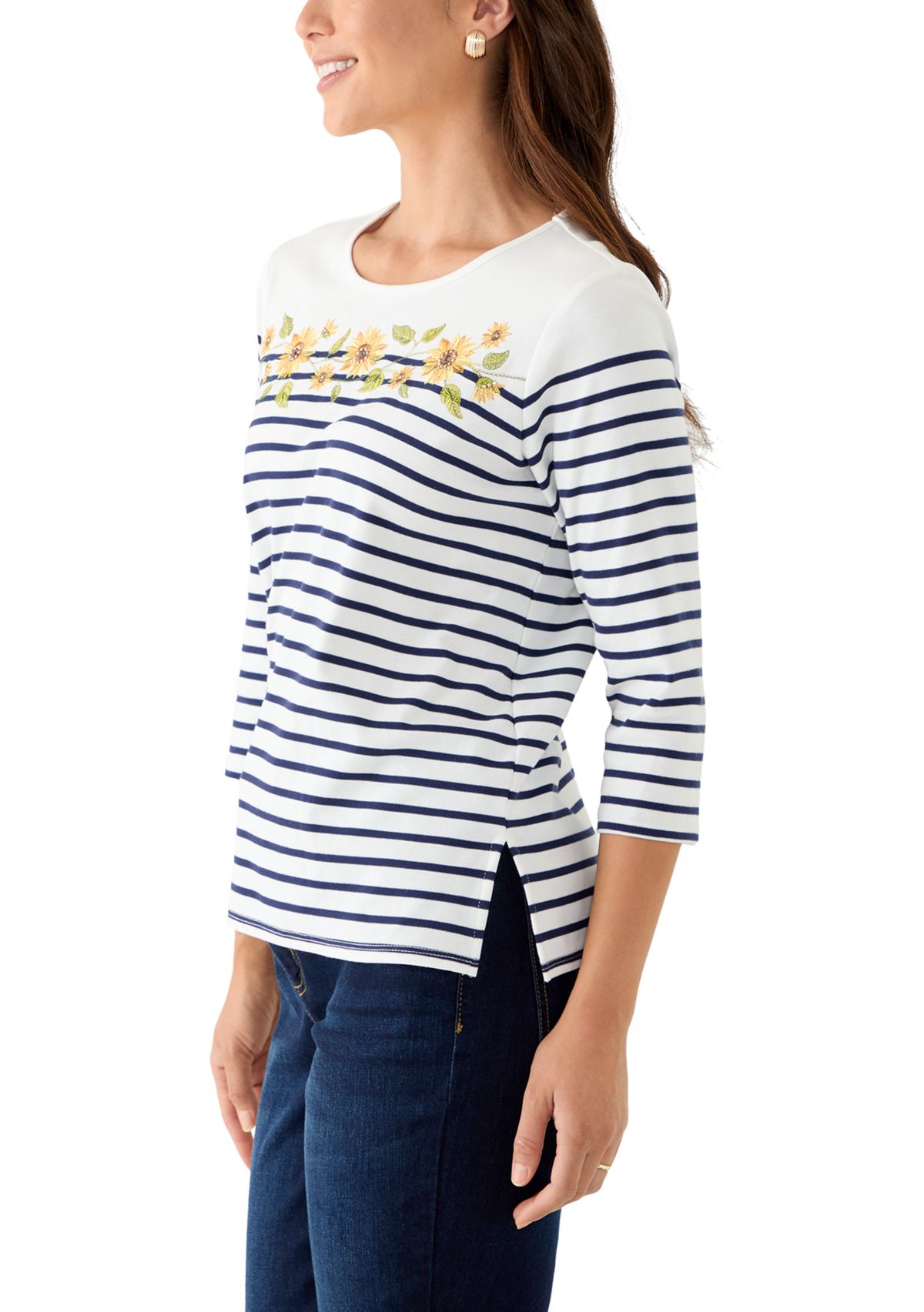 Petite 3/4 Sleeve Sunflower Yoke Strip Knit Top