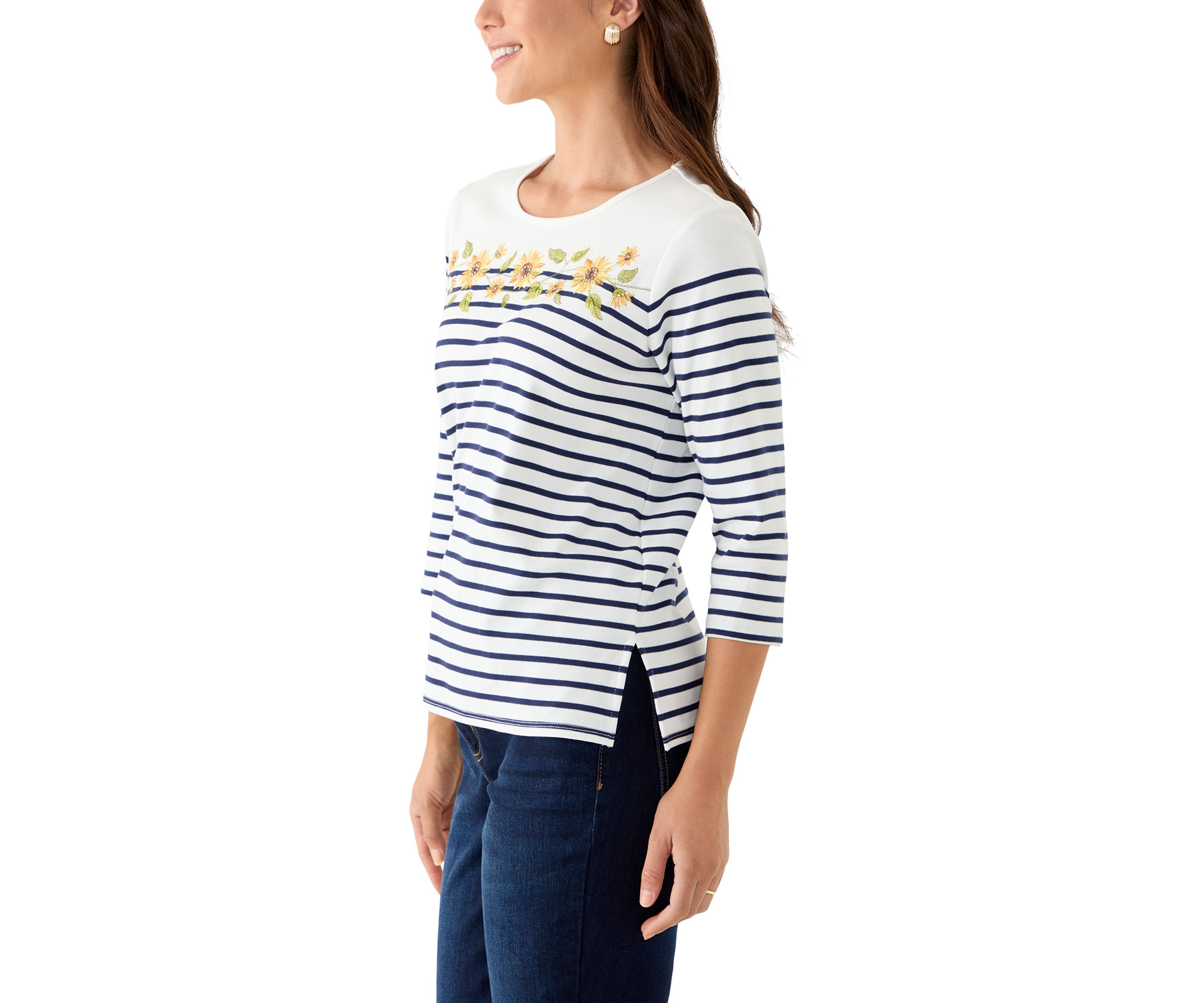 Petite 3/4 Sleeve Sunflower Yoke Strip Knit Top
