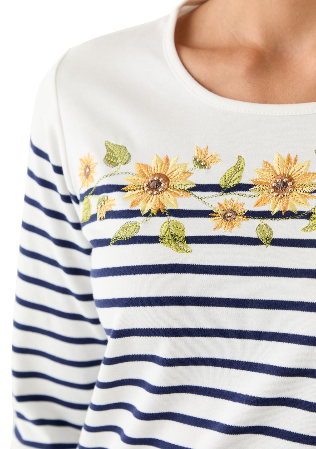 Petite 3/4 Sleeve Sunflower Yoke Strip Knit Top