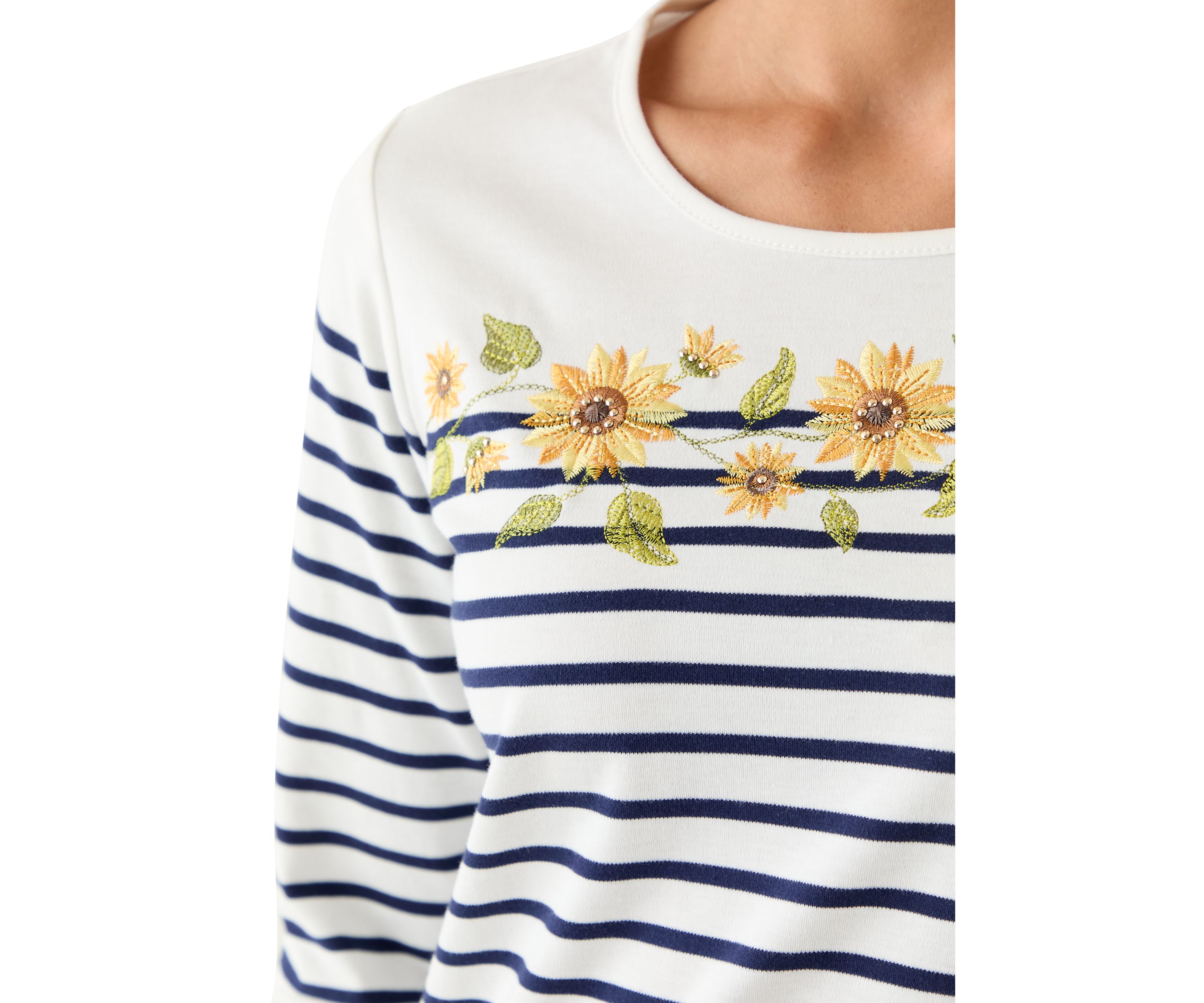 Petite 3/4 Sleeve Sunflower Yoke Strip Knit Top