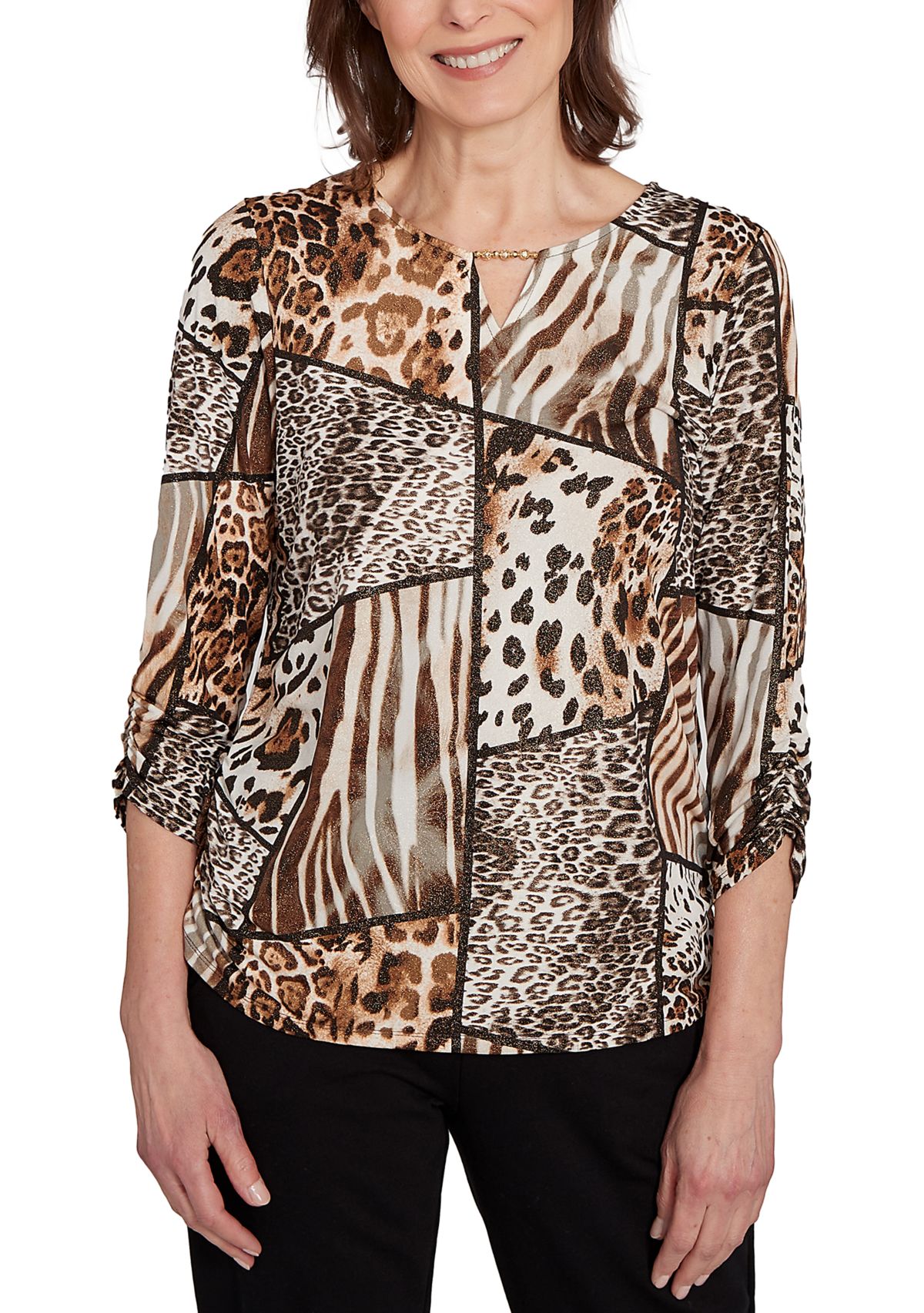 Petite Puff Print Animal Colorblock Top