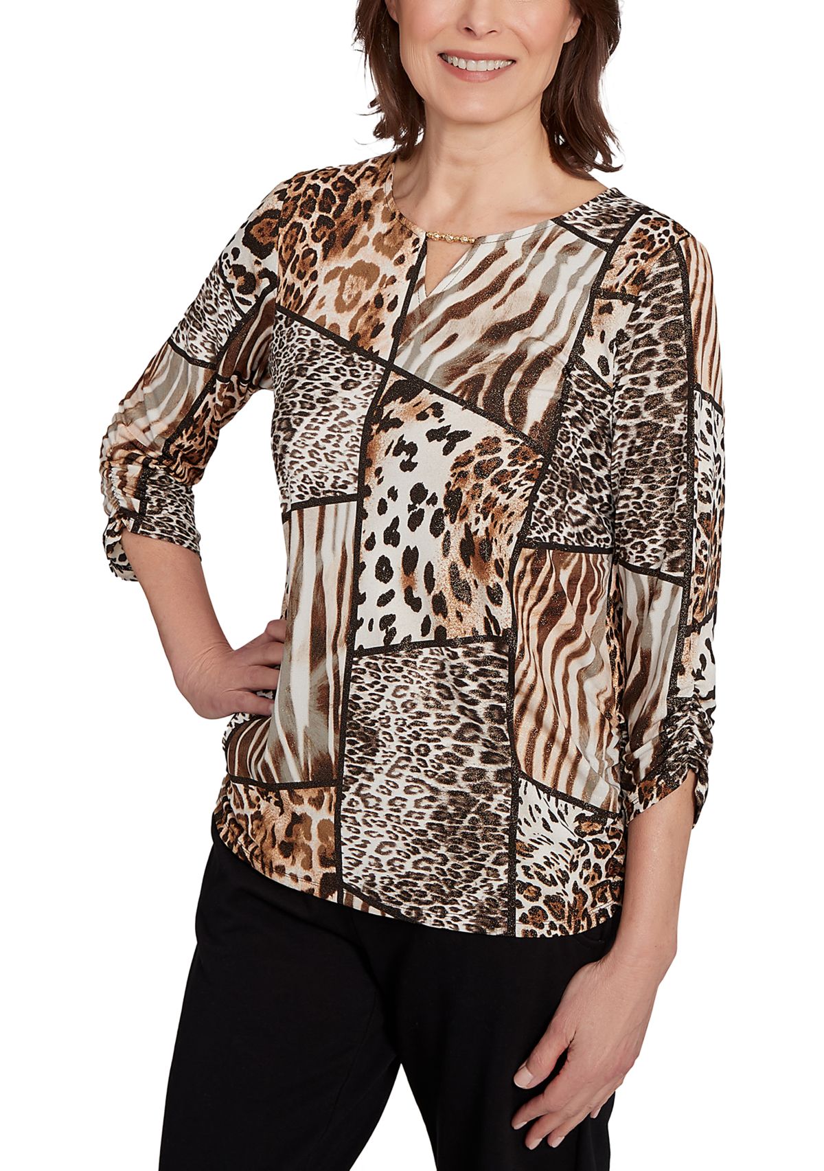 Petite Puff Print Animal Colorblock Top