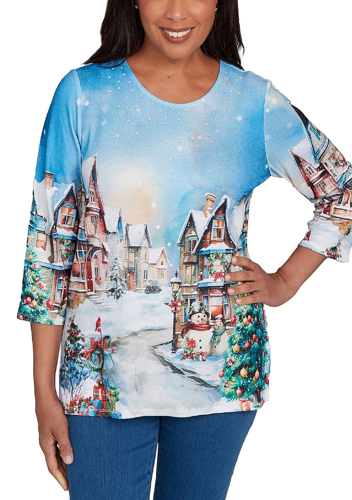 Petite Classics Village Scene Print Top 