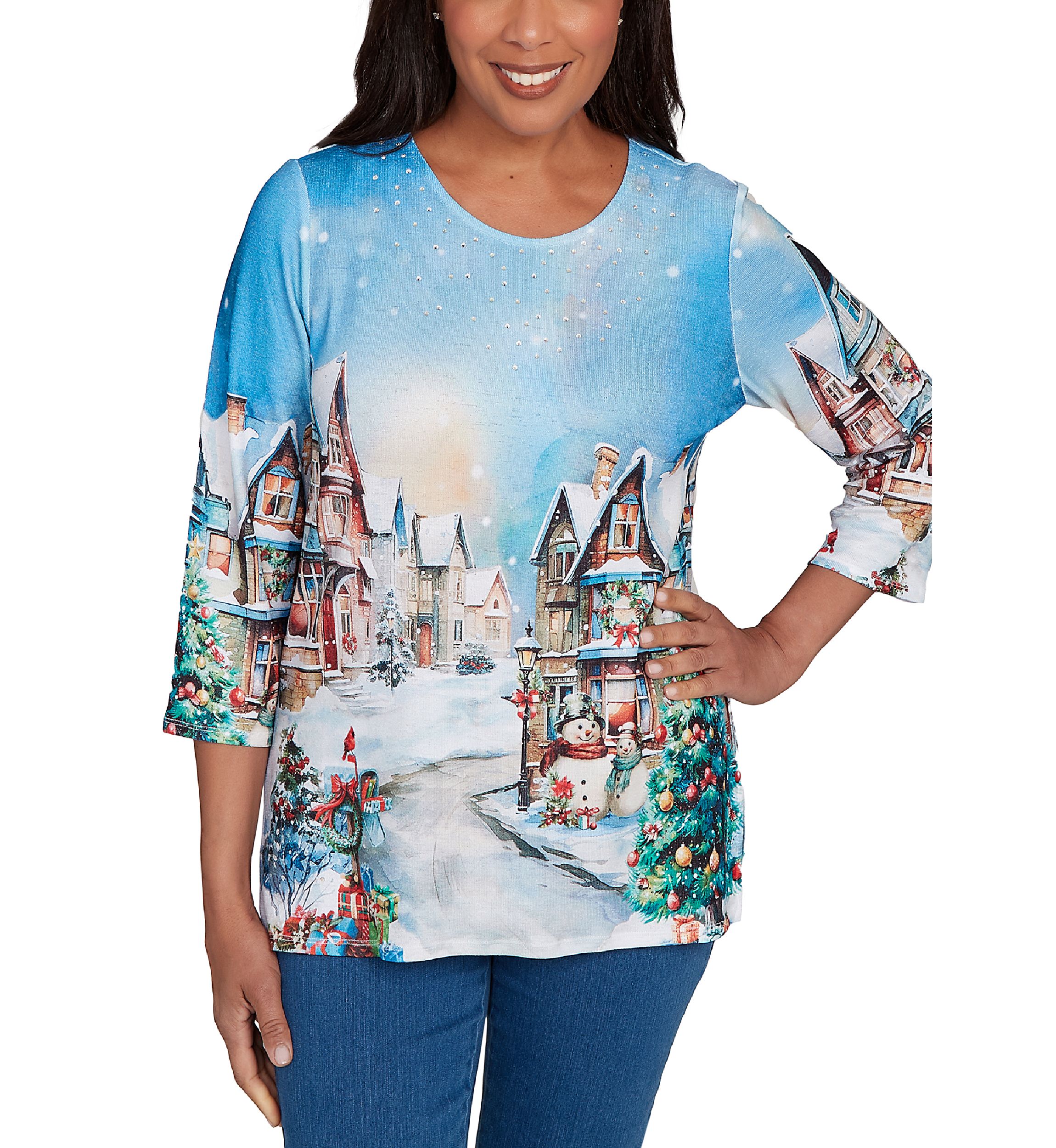 Petite Classics Village Scene Print Top 
