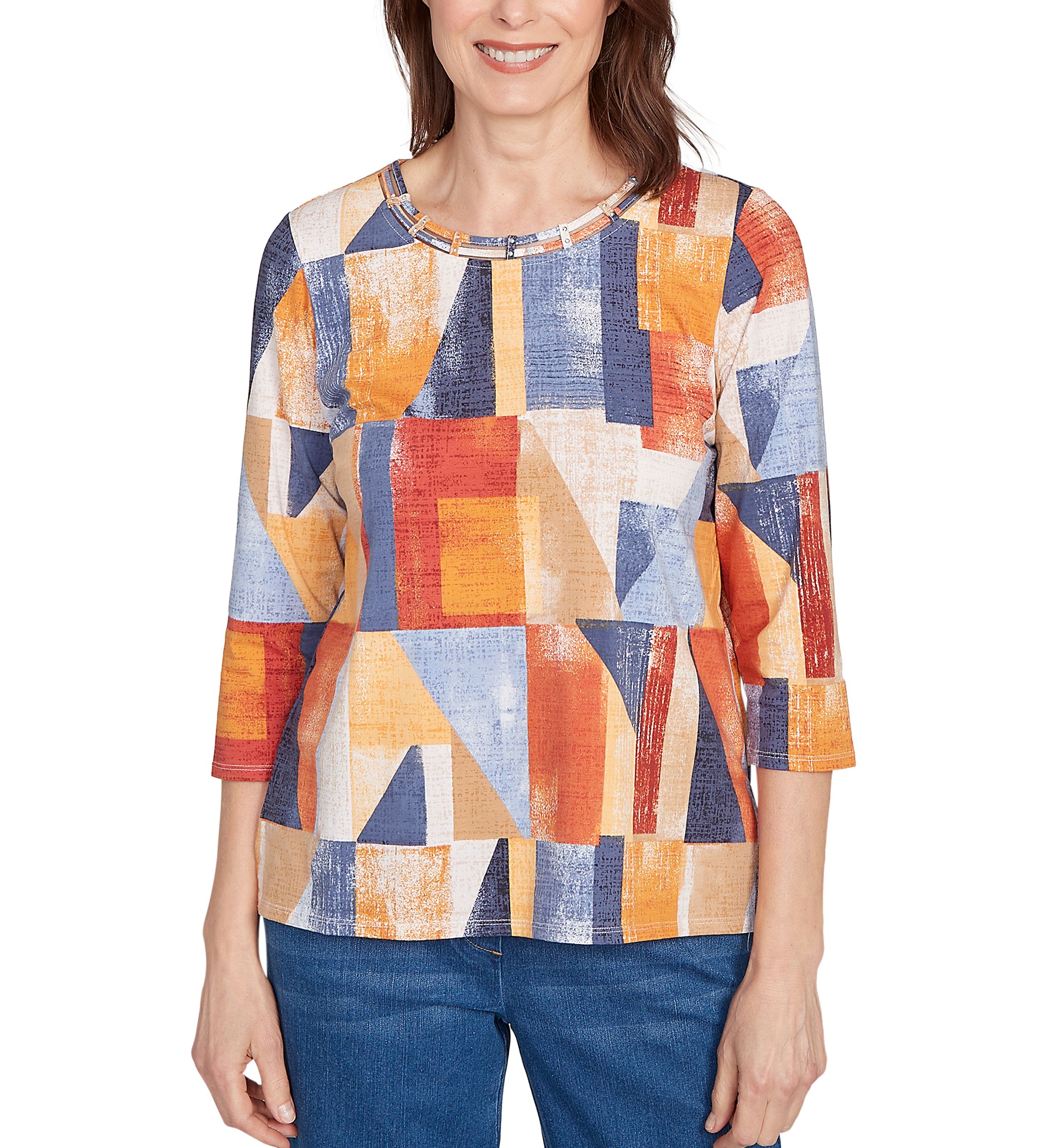Petite Key Items Color Block Printed Top