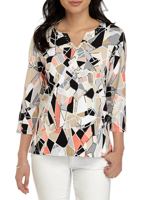 Alfred Dunner Petite Classics Stained Glass 3/4 Sleeve Top | belk