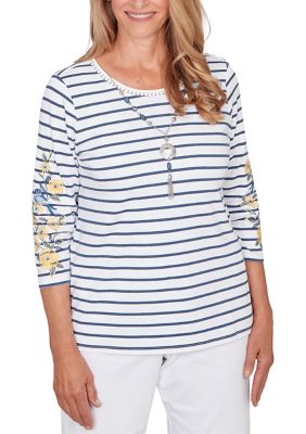 Alfred Dunner Women's Striped Embroidered Sleeve Top, Navy Blue, Large