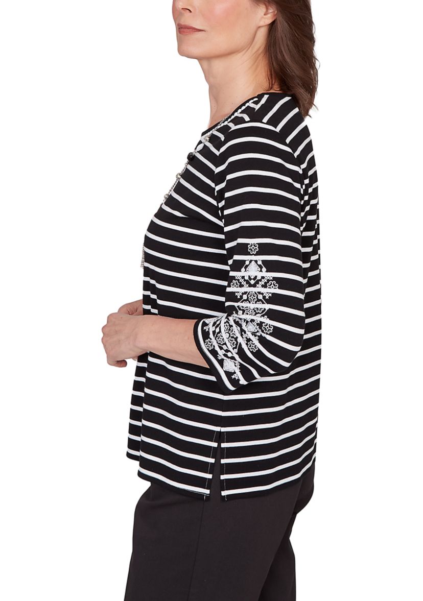 Womens Classics Stripe with Embroidered Sleeves Top
