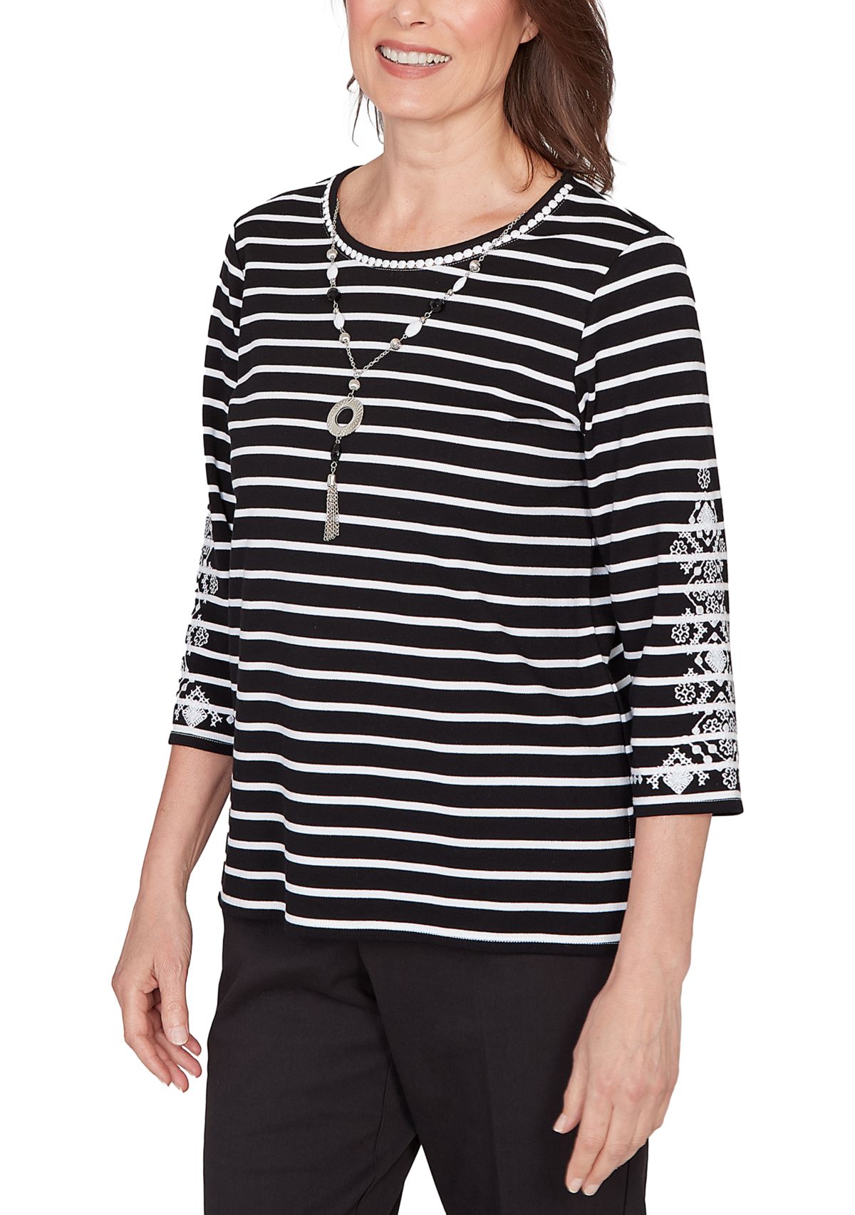 Womens Classics Stripe with Embroidered Sleeves Top