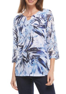 Alfred Dunner Plus Size Classics 3/4 Sleeve Tropical Leaves Printed Top ...