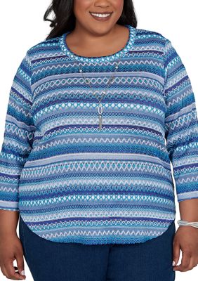 Alfred Dunner Women's Plus Size Classics Texture Stripe Top with Necklace, Blue, 1X