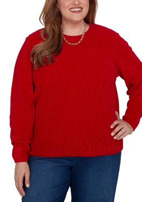 Alfred Dunner Women's Plus Size Classics Color Block Chenille Sweater, Red, 3XL