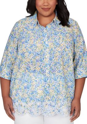 Alfred Dunner Women's Plus Size Embroidered Border Floral Button Down Shirt, 2X