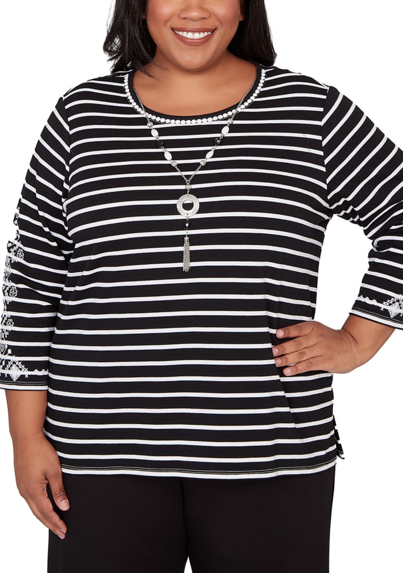 Plus Size Classics Stripe Top with Embroidered Sleeves