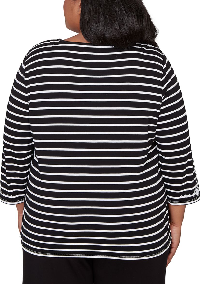 Plus Size Classics Stripe Top with Embroidered Sleeves