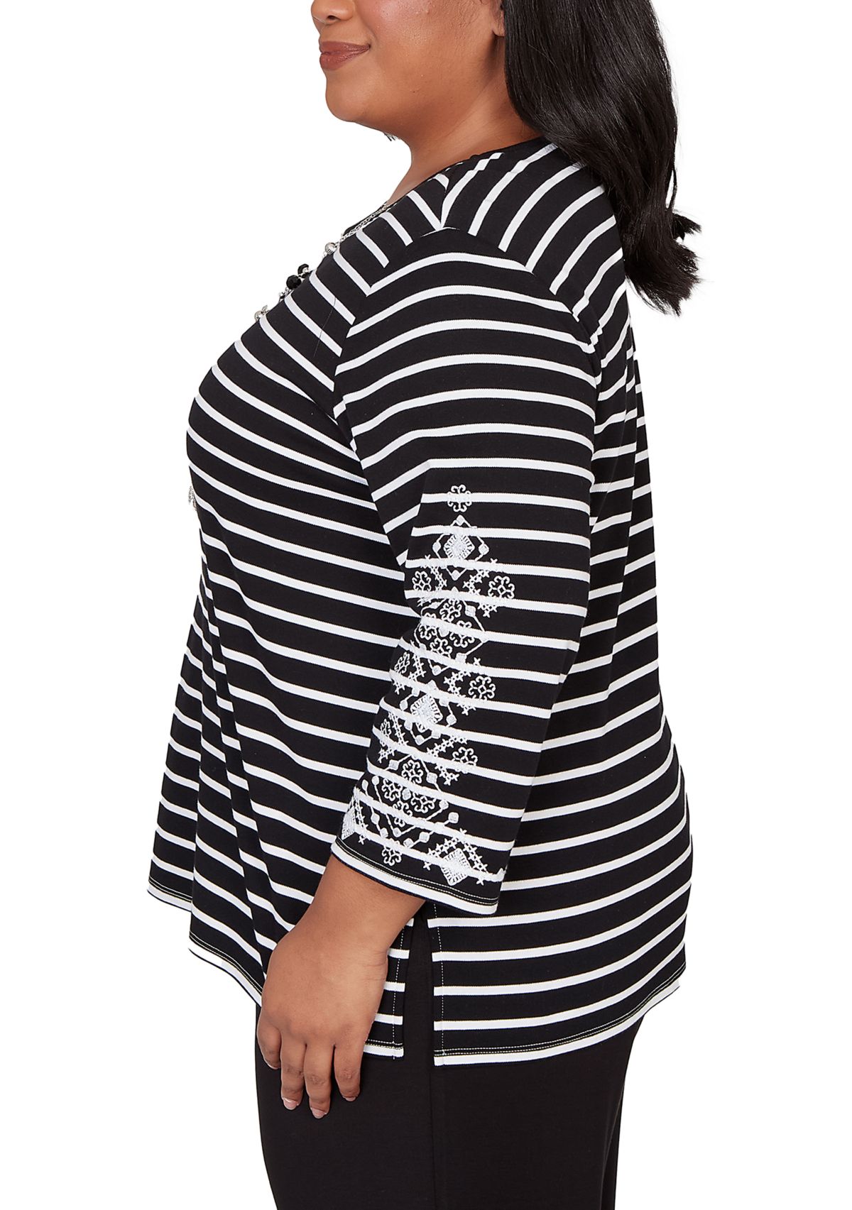 Plus Size Classics Stripe Top with Embroidered Sleeves