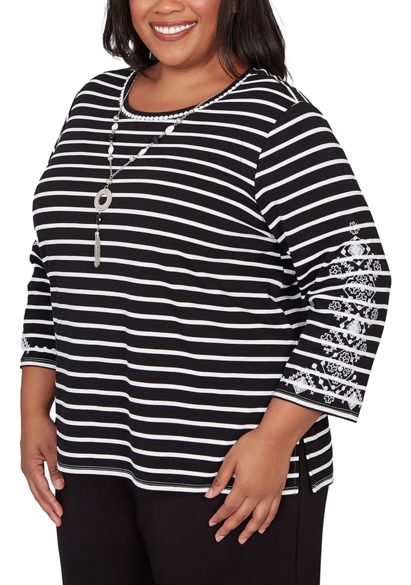 Plus Size Classics Stripe Top with Embroidered Sleeves