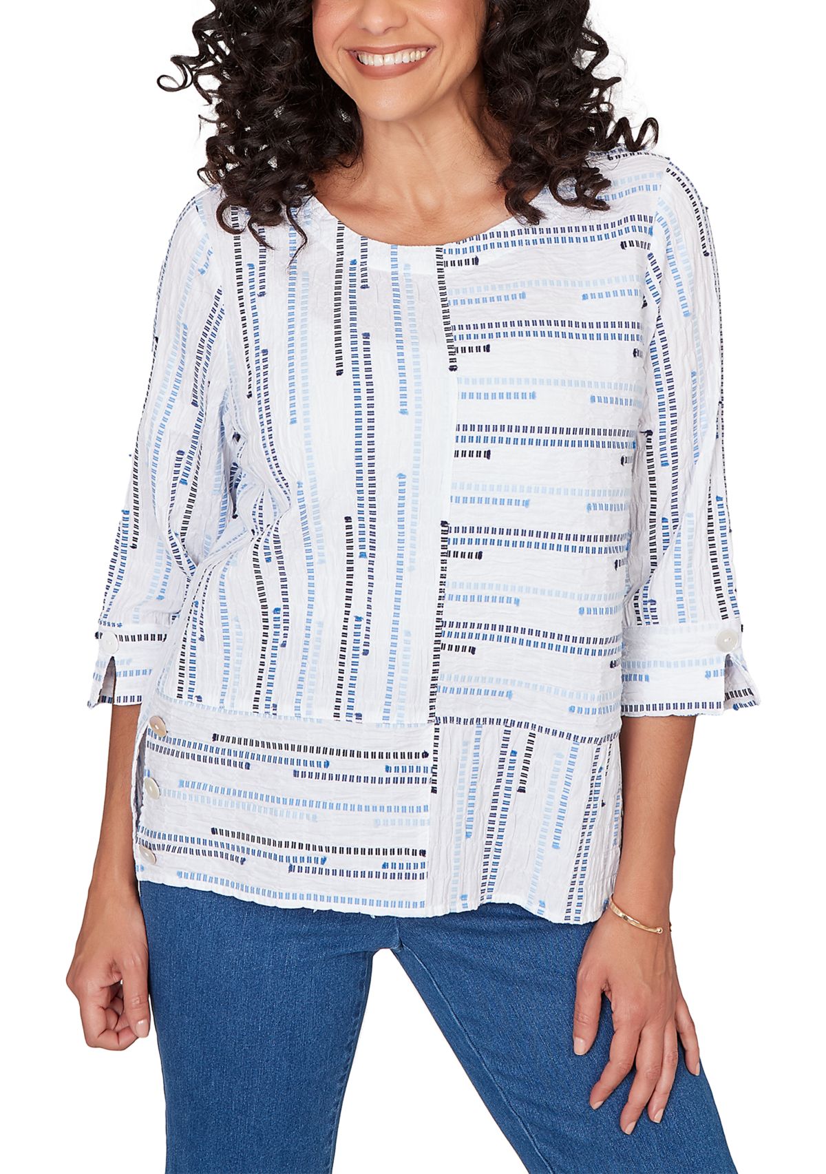 Petite Classics 3/4 Sleeve Spliced Stripe Clip Jacquard Top