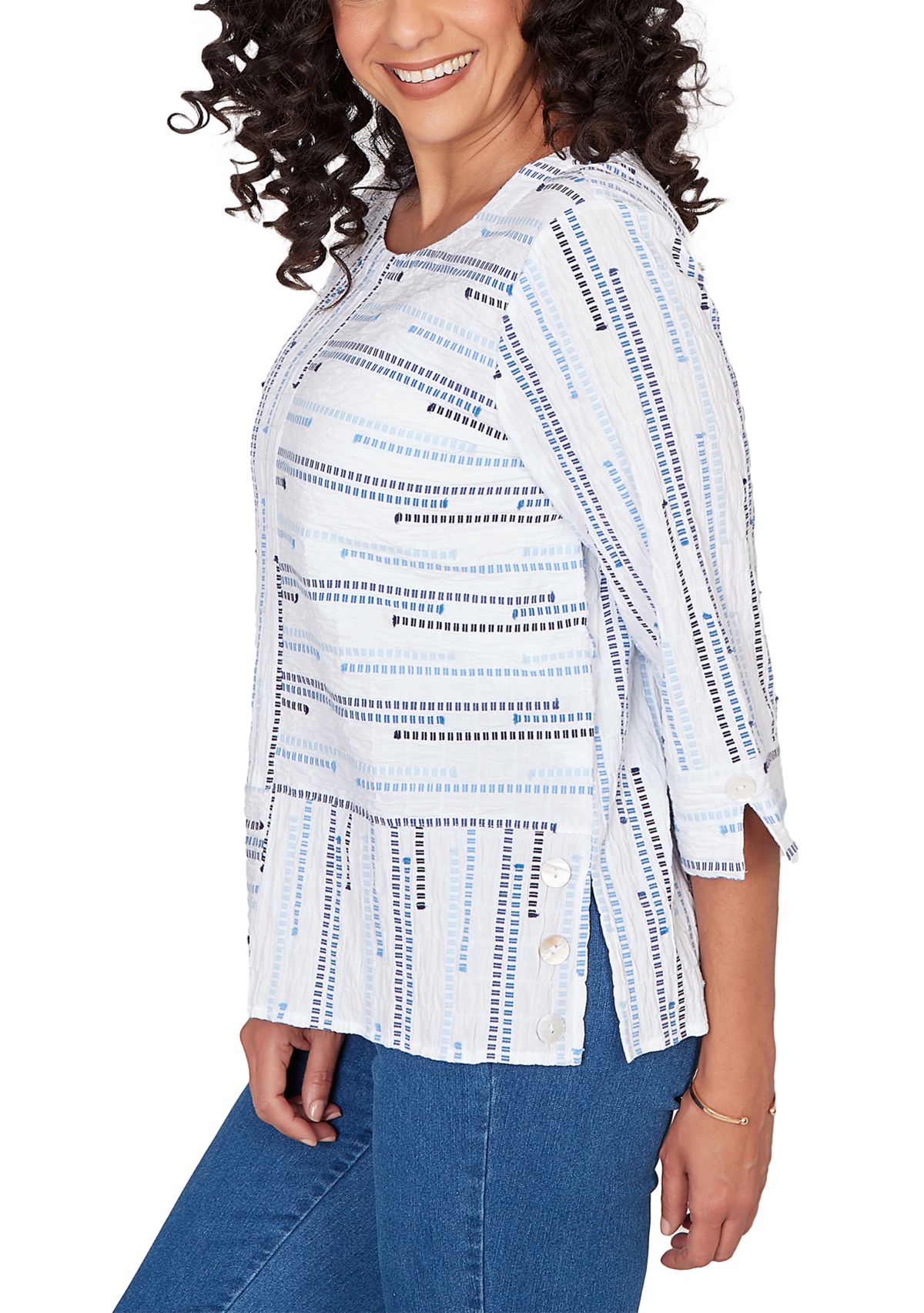 Petite Classics 3/4 Sleeve Spliced Stripe Clip Jacquard Top
