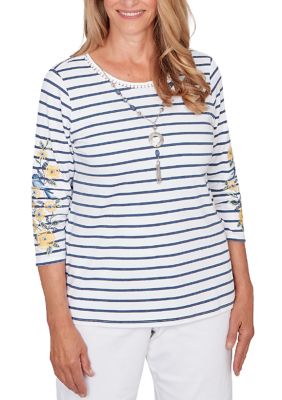 Alfred Dunner Women's Petite Striped Top with Embroidered 3/4 Sleeves, Navy Blue, PXL